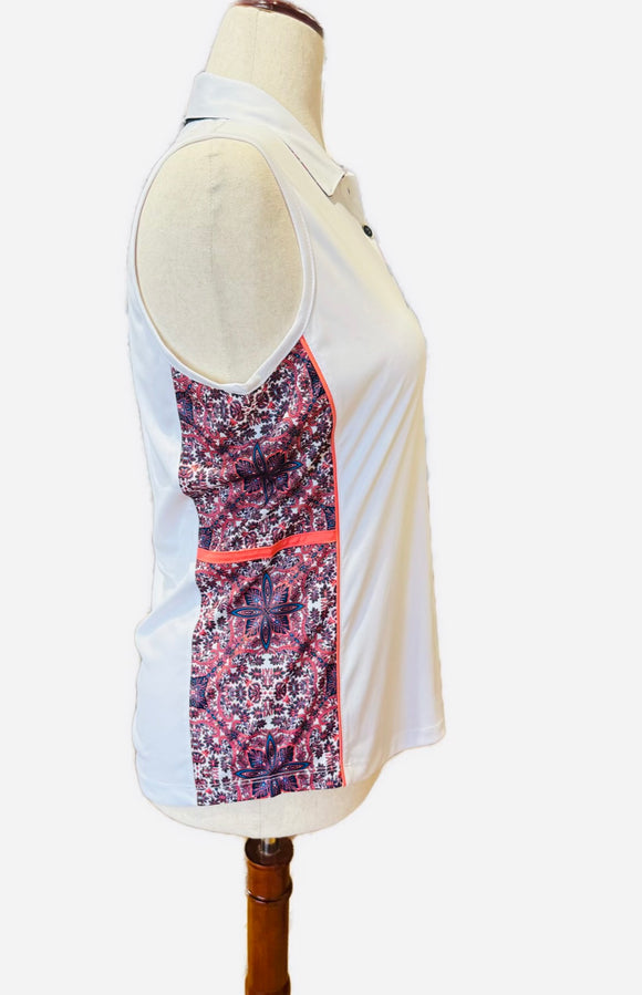 New Greg Norman White Sleeveless Polo w/ Paisley Print Sides Size L MSP$75