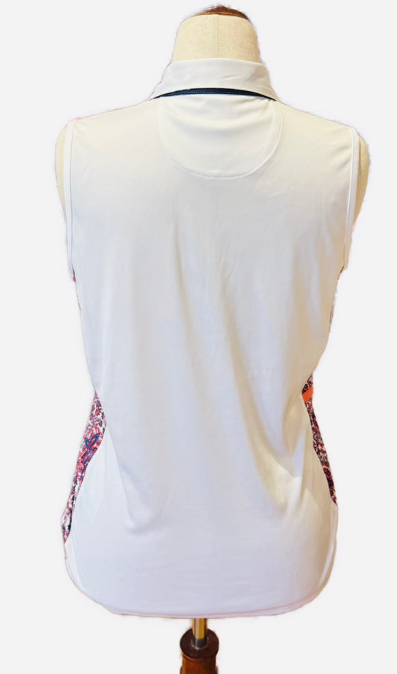 New Greg Norman White Sleeveless Polo w/ Paisley Print Sides Size L MSP$75