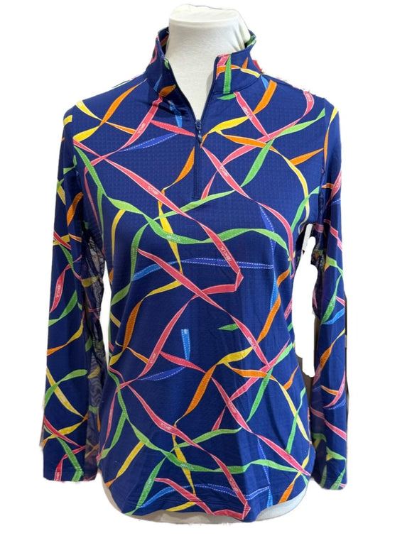 Ibkul Blue Ribbons Print Zip Mock Sun Shirt Size S MSP$100