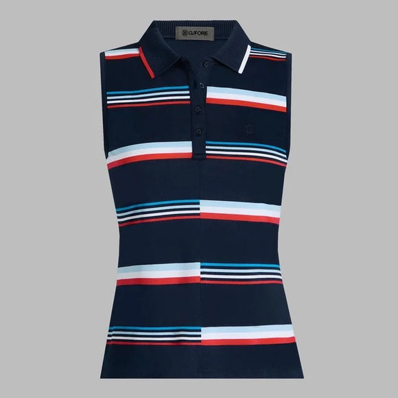 New G/Fore Women's Tech Pique Sleeveless Golf Polo -Navy Stripe Size L MSP$110