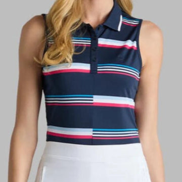 New G/Fore Women's Tech Pique Sleeveless Golf Polo -Navy Stripe Size L MSP$110 - 0