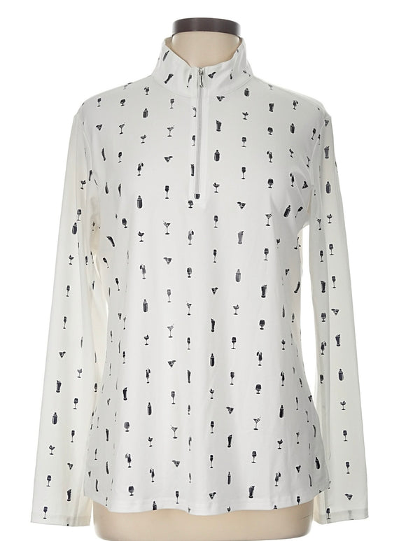 New San Soleil White & Black Cocktails Print Long Sleeve Sun Shirt Size L MSP$90