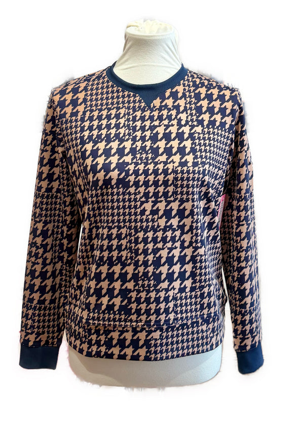 Peter Millar Women's Navy & Tan Houndstooth Crew Pullover Size S MSP$135