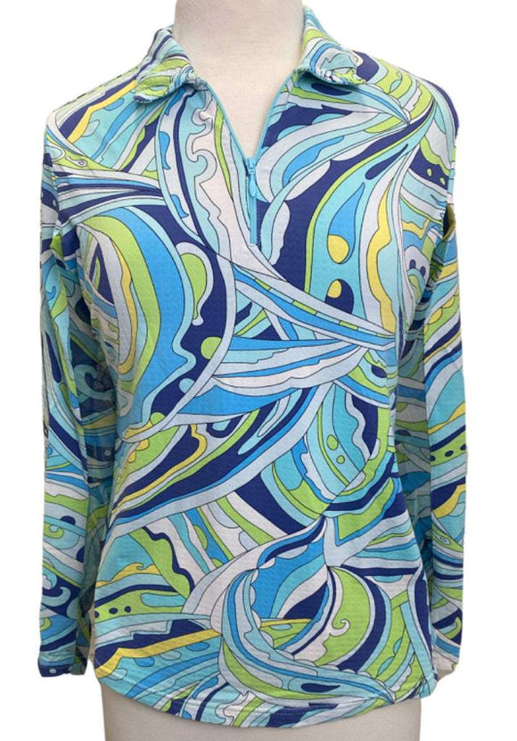 Icikuls Blue, White & Lime Patterned Long Sleeve Sun Shirt Size M  MSP$96